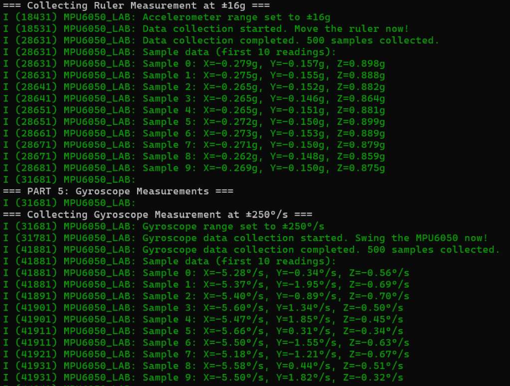 Serial output showing MPU6050 calibration samples