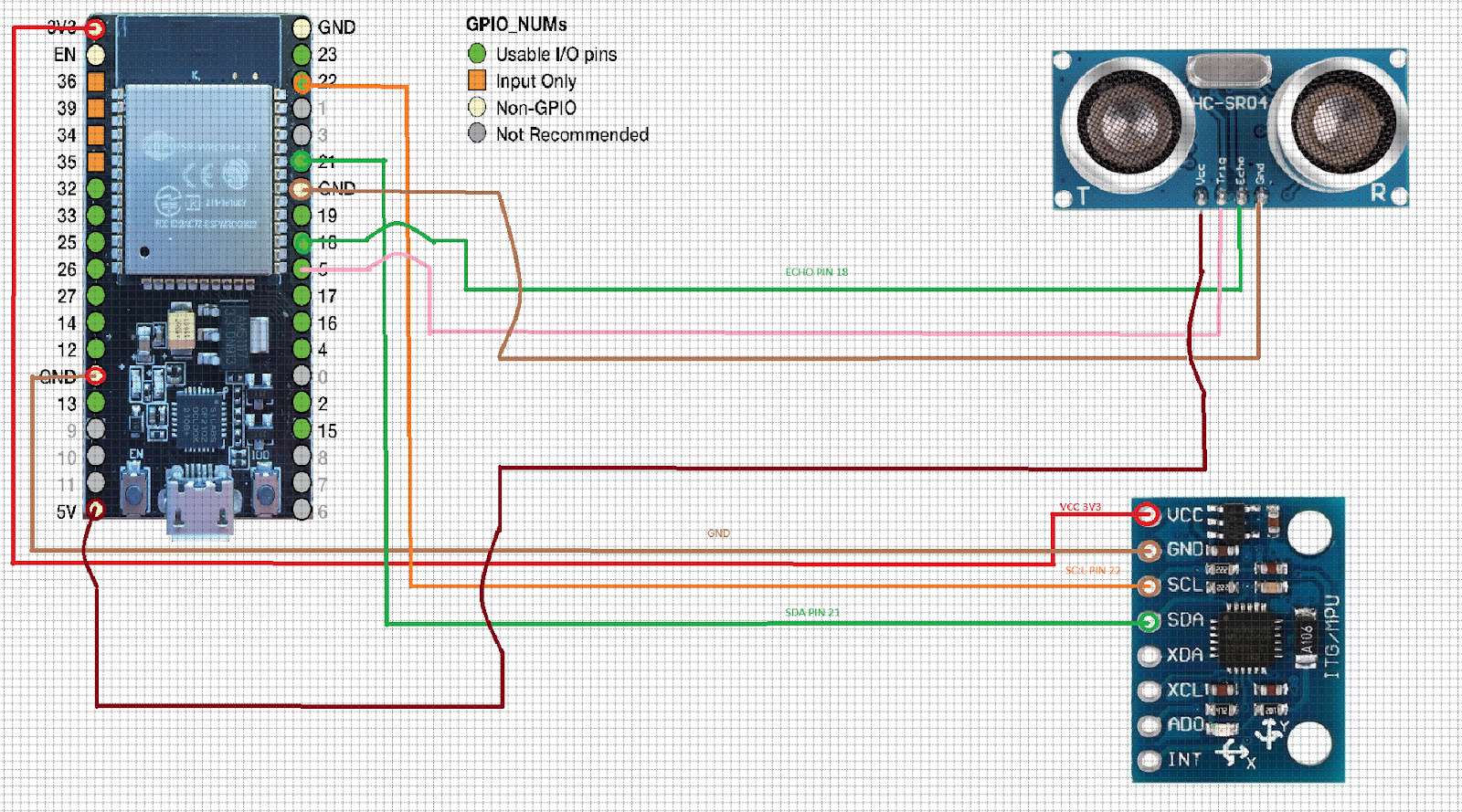 ESP32 + MPU6050 + HC-SR04 wiring schematic