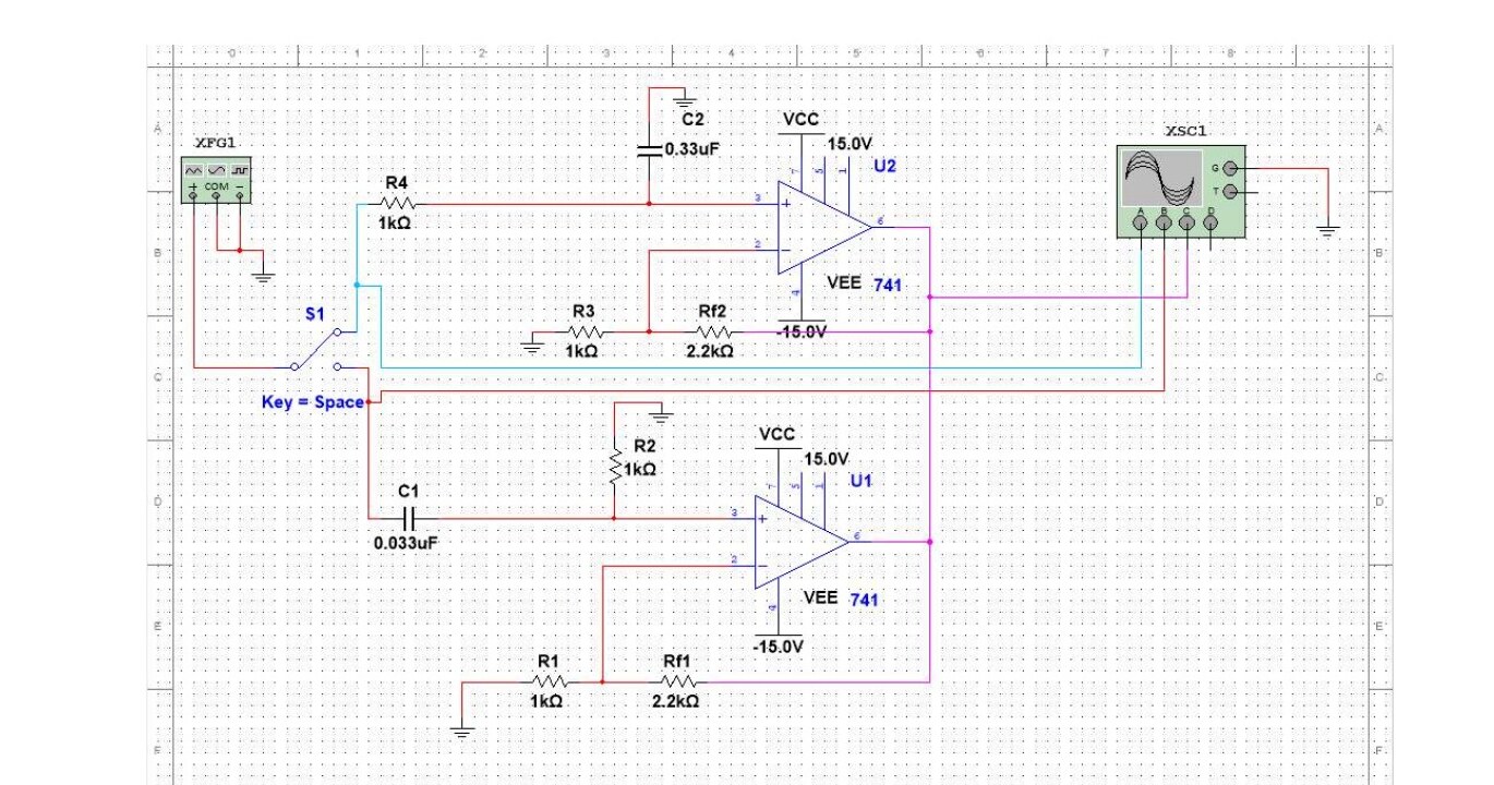 Multisim schematic of the HP/LP filter stage with SPDT switch and dual 741 op-amps