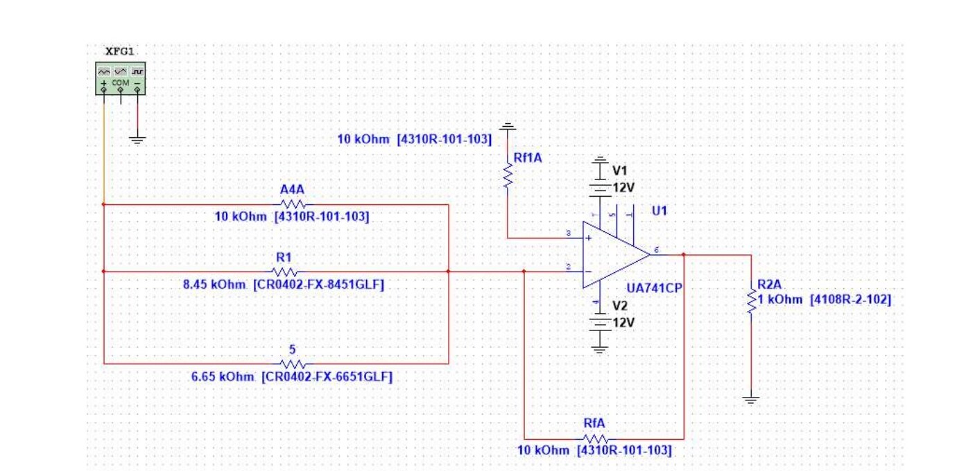 Multisim schematic of the UA741 inverting summing amplifier with three input resistors and feedback